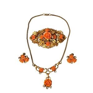 Vintage Carved Celluloid Coral Set Rhinestone Gold Tone Necklace Brooch Earrings